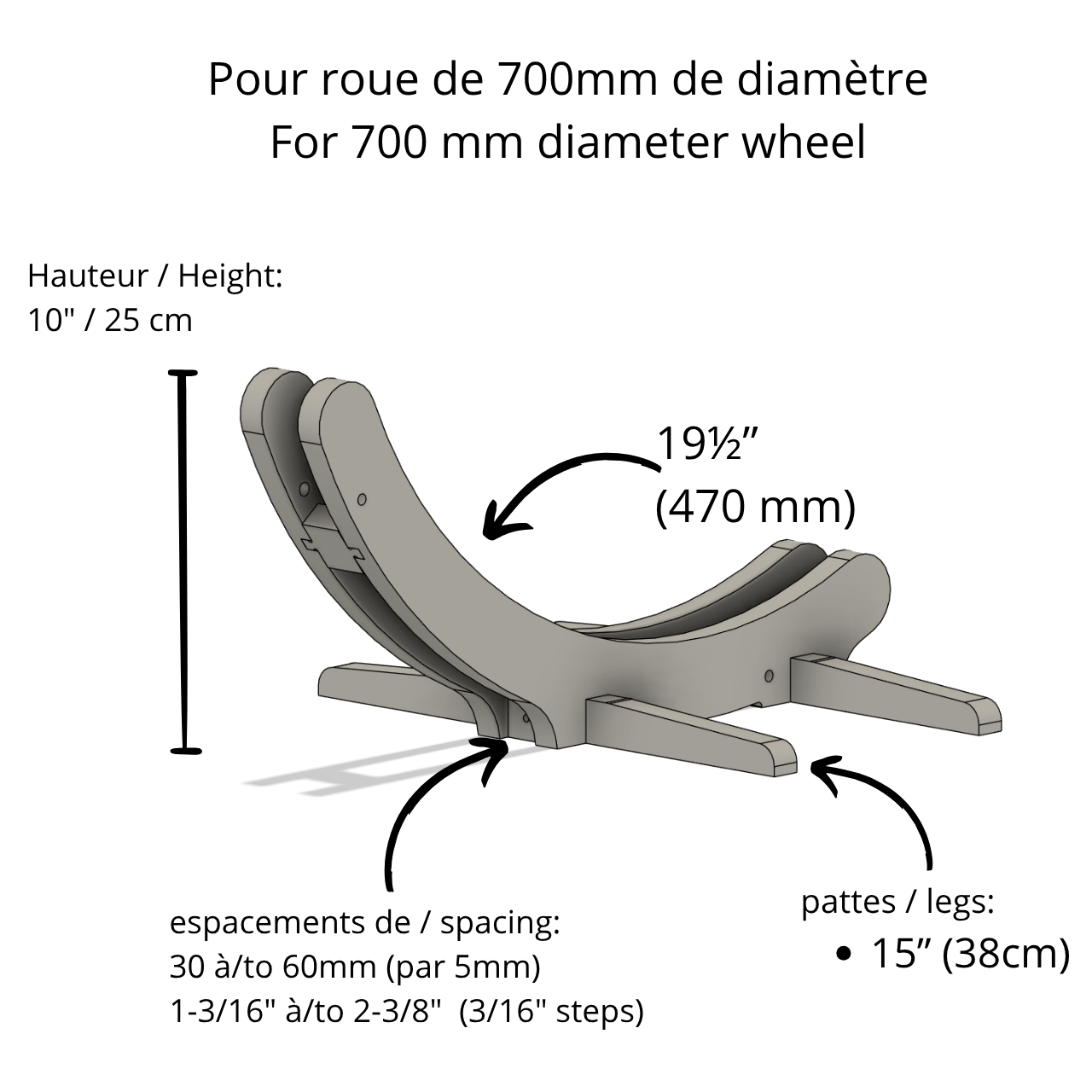 Support de vélo au sol en bois ajustable – Pour roues 700 mm, pneus 30 à 60 mm, contreplaqué de merisier CNC, fini naturel ou stratifié noir/blanc