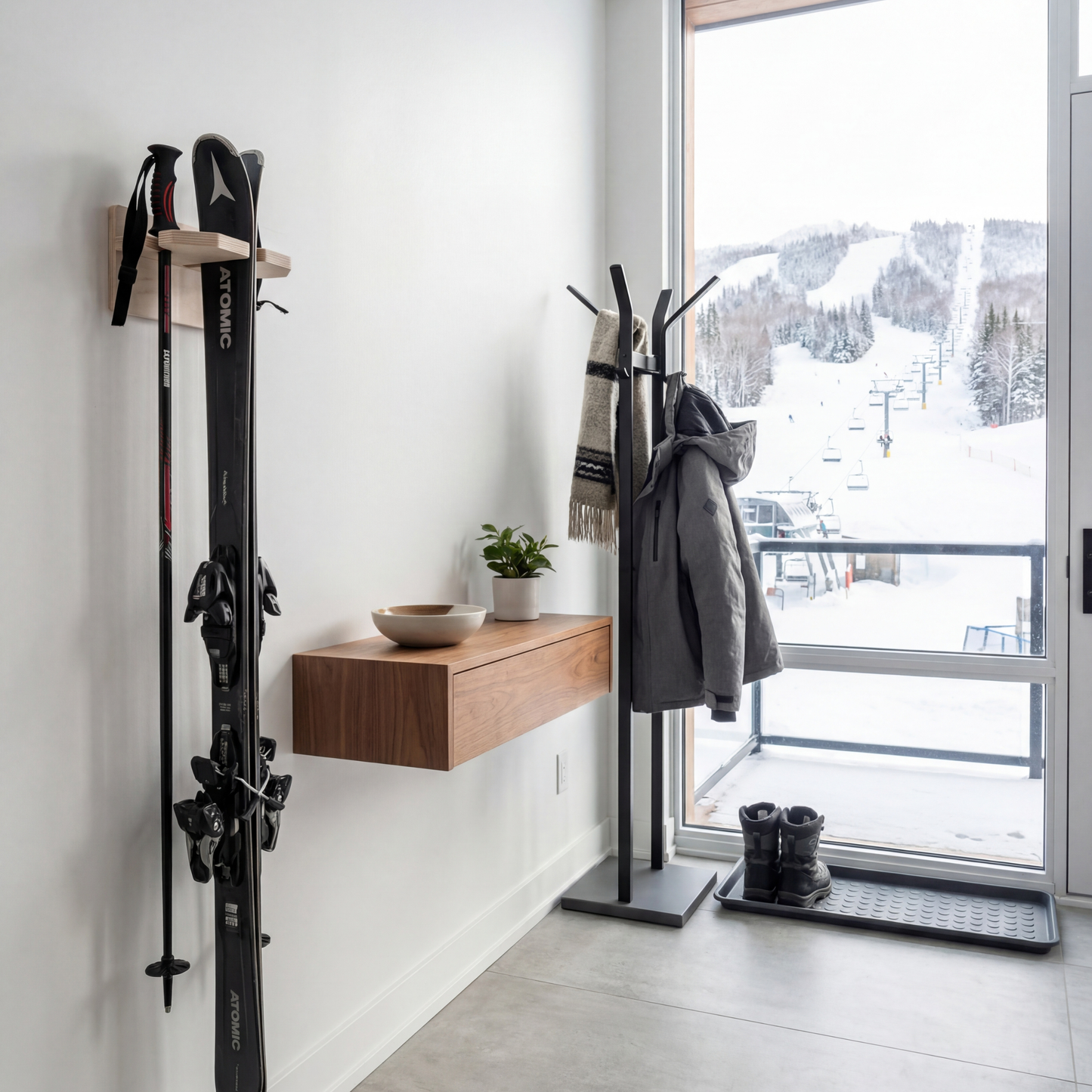 Wall-mounted alpine ski rack -  Birch plywood - 1 pair with poles