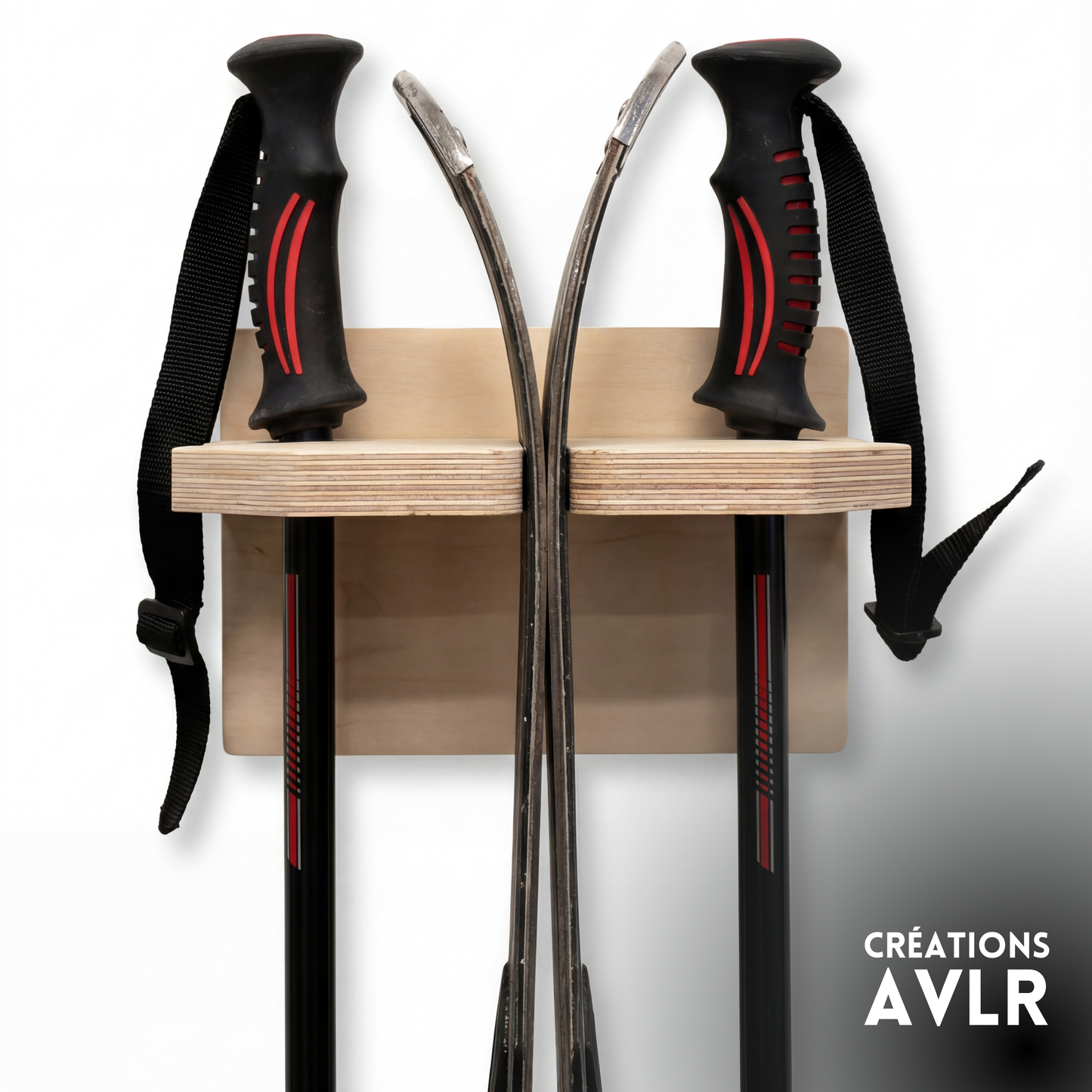 Wall-mounted alpine ski rack -  Birch plywood - 1 pair with poles