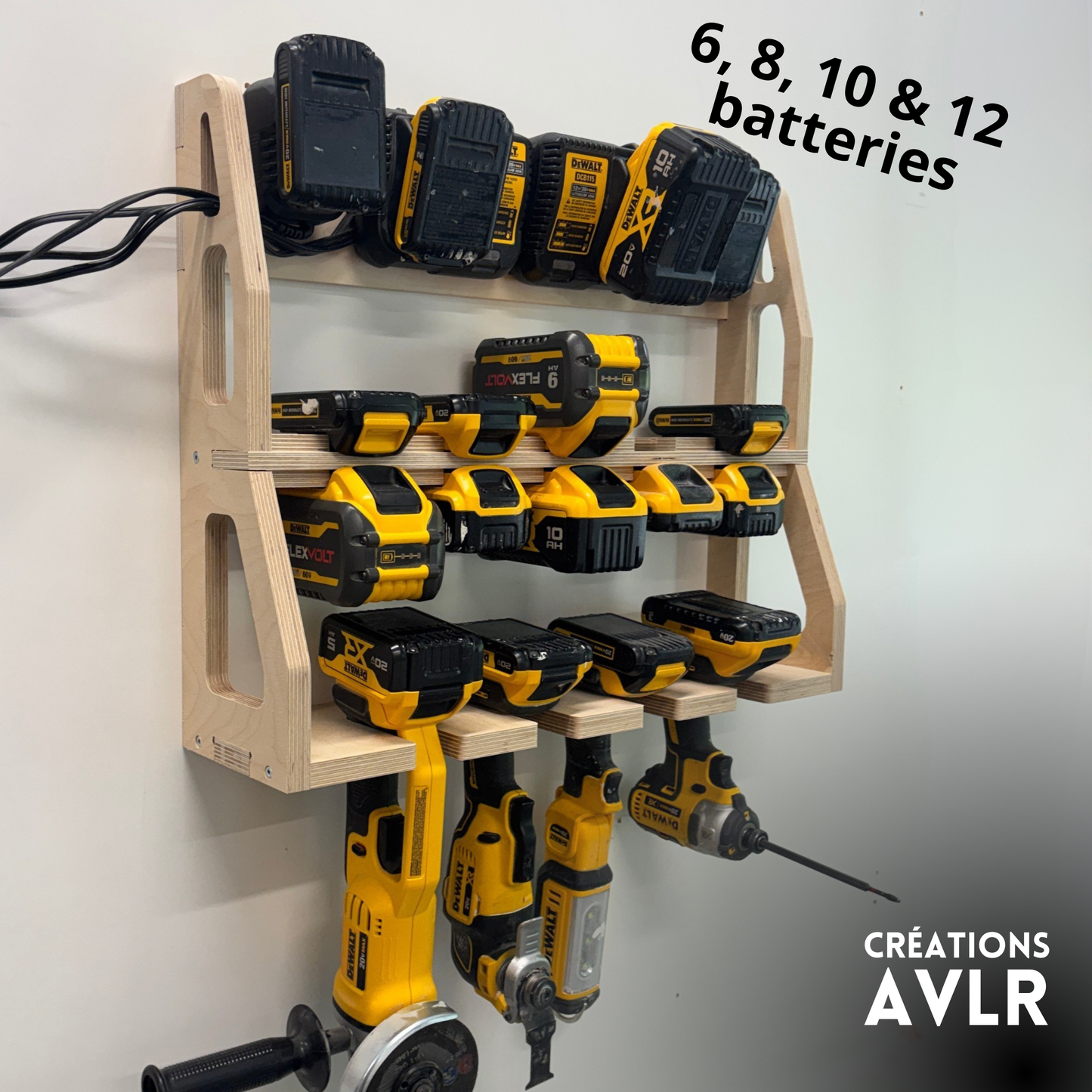 Station de recharge et support d'outils compatible DeWalt® - Contreplaqué de merisier pour 6, 8, 10 ou 12 batteries