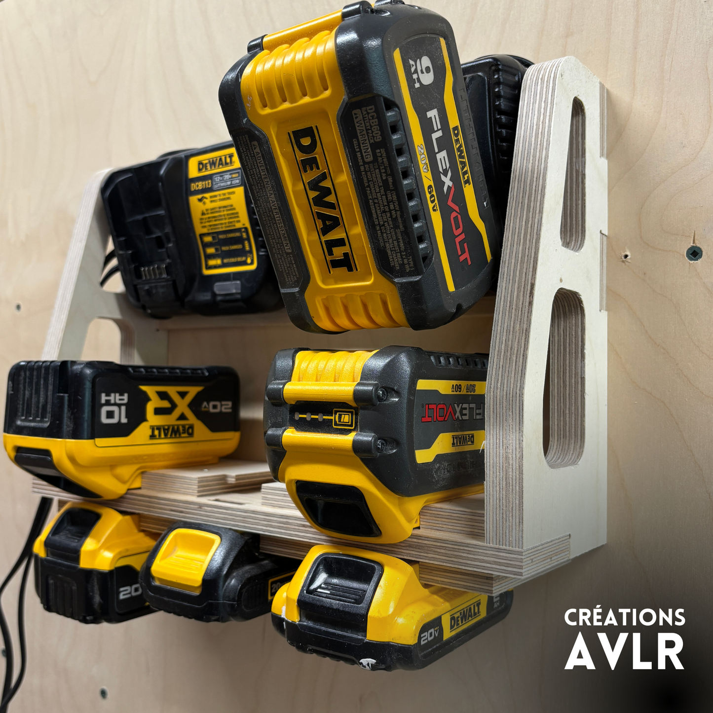 Wall-Mounted Wooden Charging Station – Compatible with DeWalt® 20V/60V Batteries – Holds 2, 3, or 4 Chargers (6 to 12 Batteries)