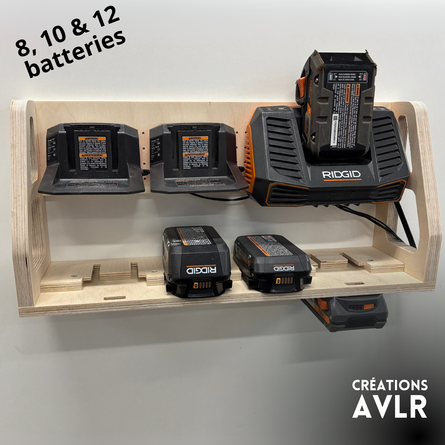 Station de recharge murale compatible Ridgid® — Contreplaqué de merisier | 8, 10 ou 12 batteries