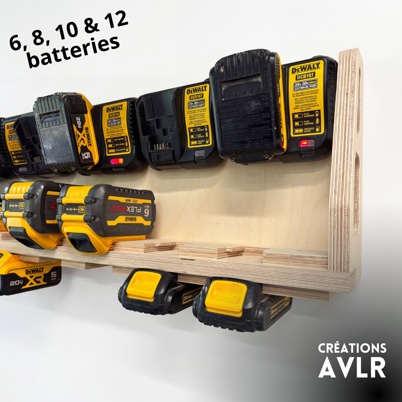 Station de recharge compatible DeWalt 20V/60V – 100% bois – Pour 6, 8, 10 ou 12 batteries