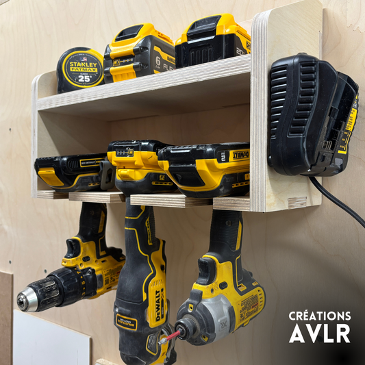 Support mural pour outils portatifs – Avec tablette et emplacements pour chargeurs (3, 4 ou 5 outils)