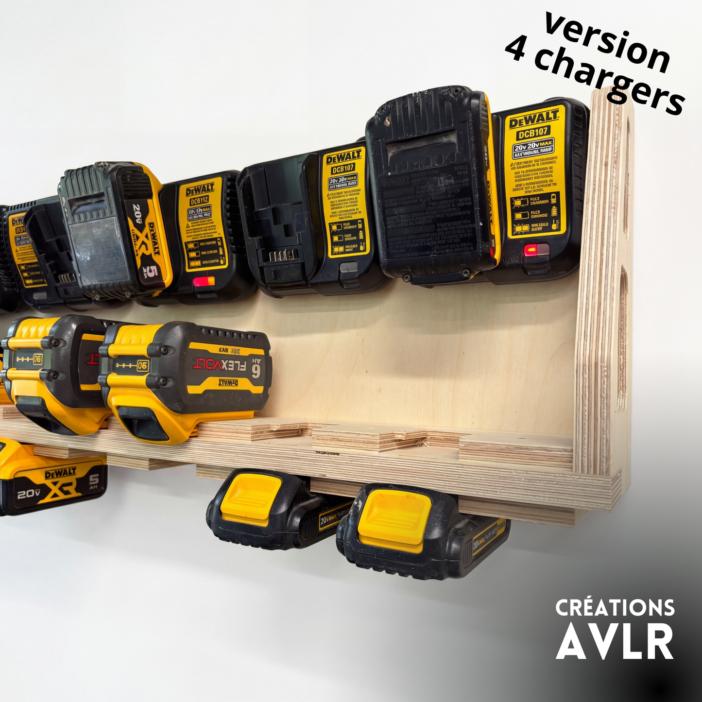 Wall-Mounted Wooden Charging Station – Compatible with DeWalt® 20V/60V Batteries – Holds 2, 3, or 4 Chargers (6 to 12 Batteries)