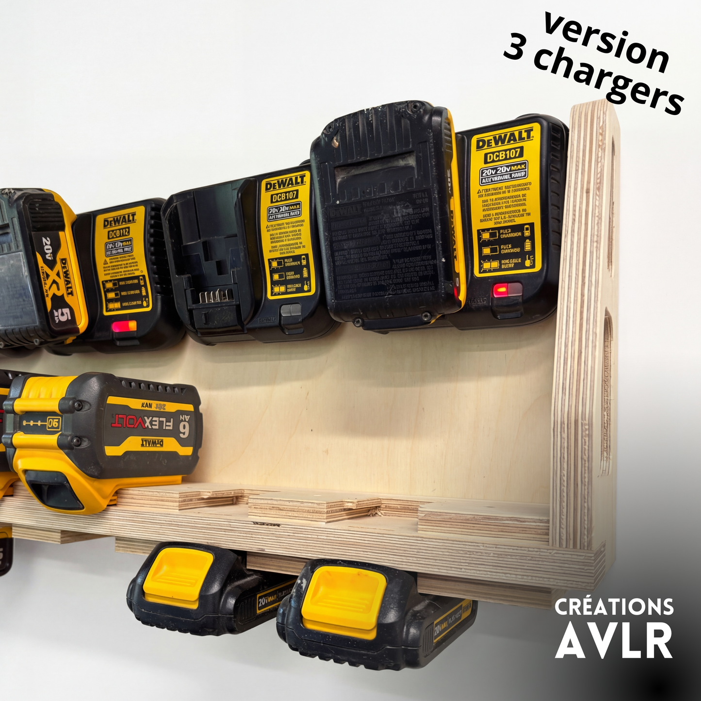 Wall-Mounted Wooden Charging Station – Compatible with DeWalt® 20V/60V Batteries – Holds 2, 3, or 4 Chargers (6 to 12 Batteries)