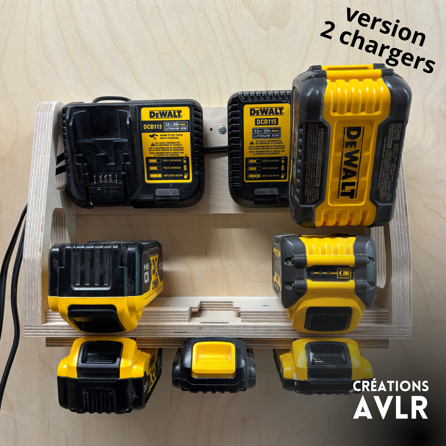 Wall-Mounted Wooden Charging Station – Compatible with DeWalt® 20V/60V Batteries – Holds 2, 3, or 4 Chargers (6 to 12 Batteries)