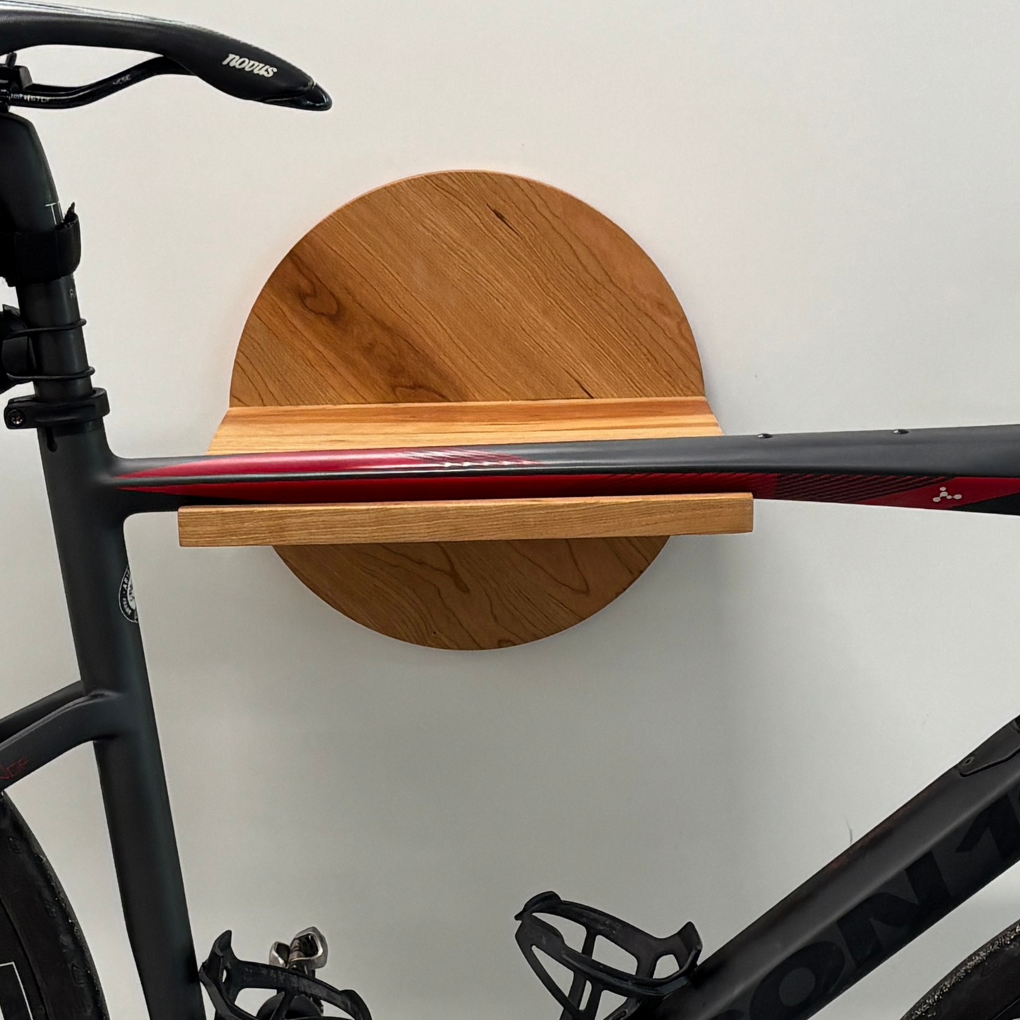 Wooden Bike Wall Mount with Shelf – Round Shape – Fits Handlebars up to 22" – 35 lb Capacity