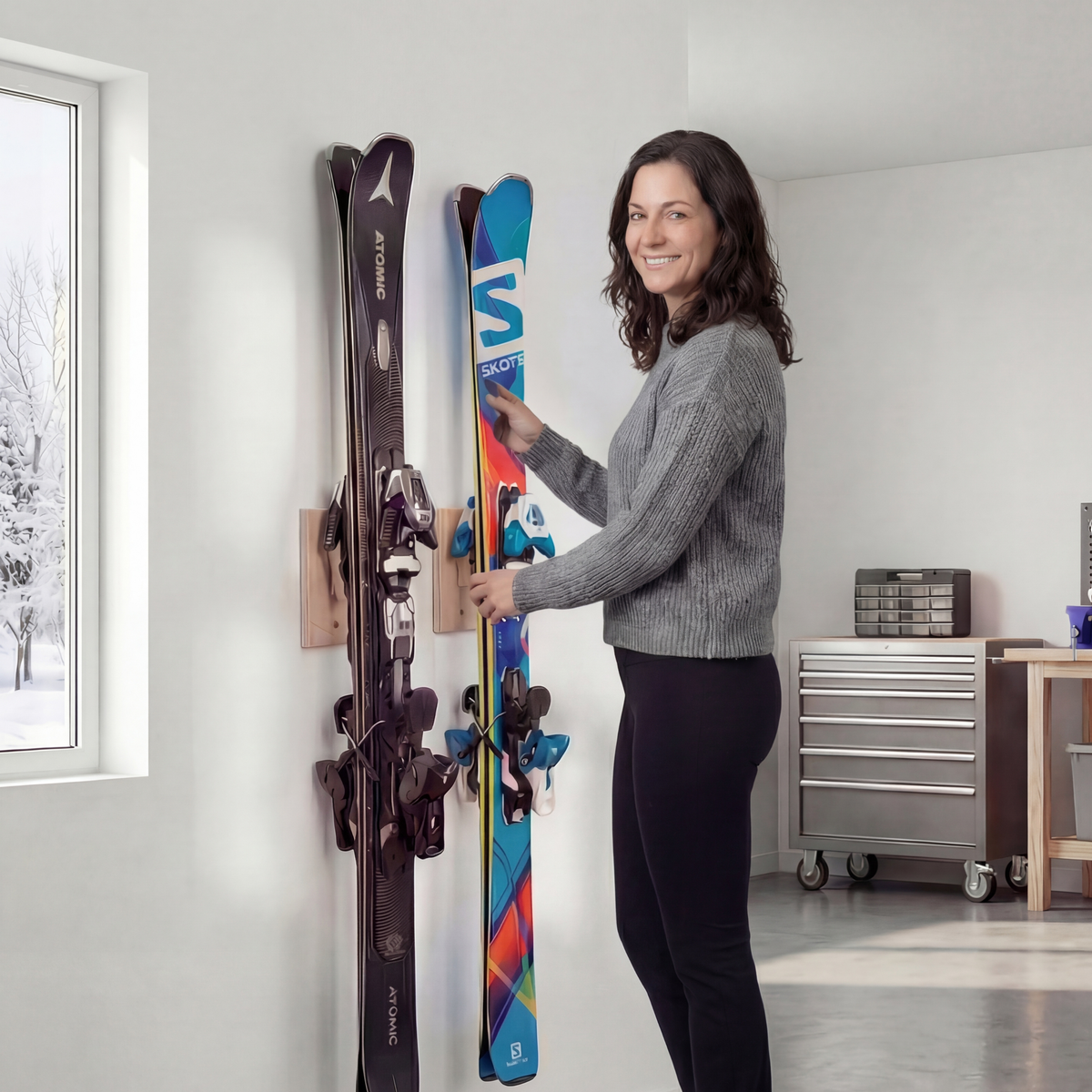 Support mural vertical pour skis, ultra-compact