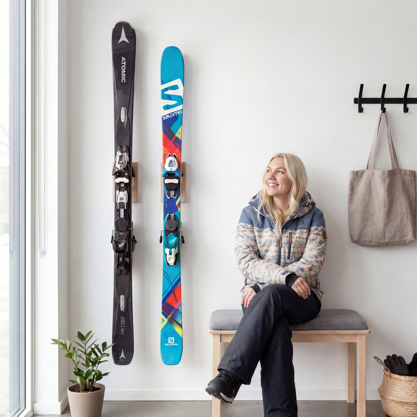 Vertical wall-mounted ski rack - Birch plywood - Ultra-compact storage