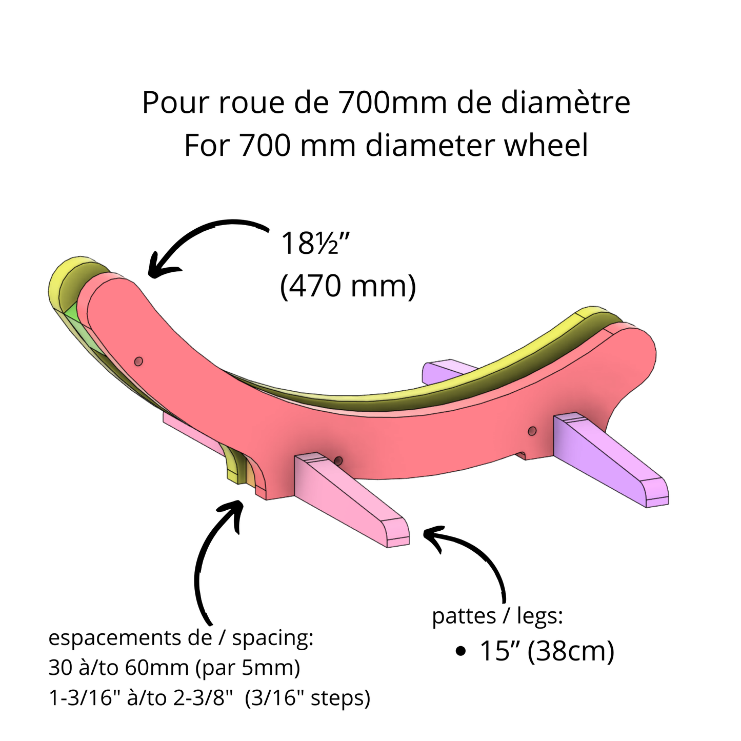 Support de vélo au sol en bois ajustable – Pour roues 700 mm, pneus 30 à 60 mm, contreplaqué de merisier CNC, fini naturel ou stratifié noir/blanc