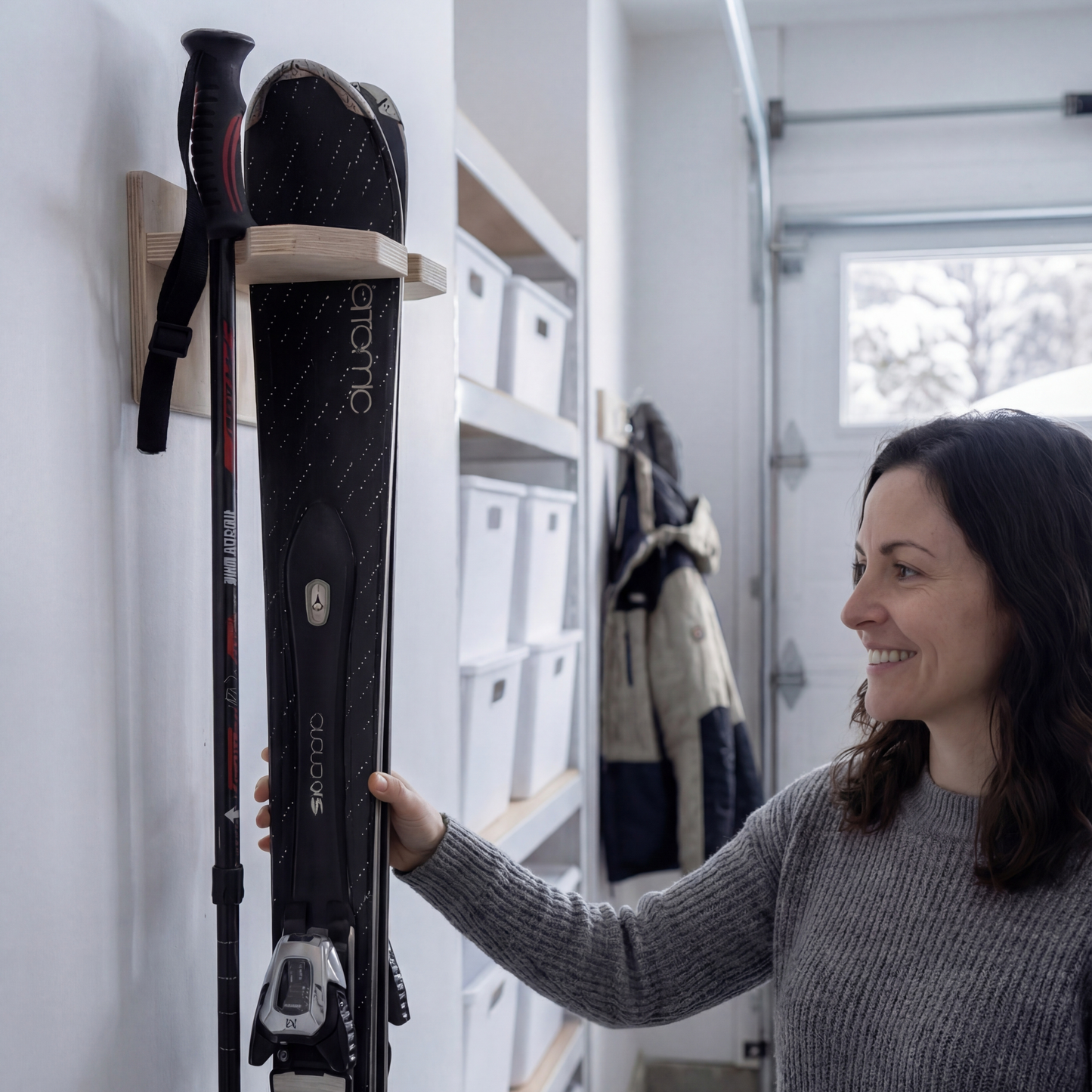 Wall-mounted alpine ski rack -  Birch plywood - 1 pair with poles